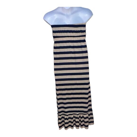 MAXI DRESS Braided Optional STRAPS ELASTIC WAIST Tie NAVY BLUE TAN Striped - Picture 4 of 4